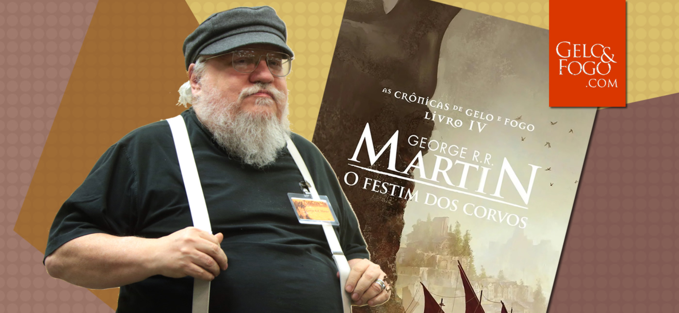 George R. R. Martin e a capa do livro O Festim dos Corvos.